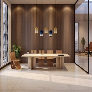 الزاوية المستديرة لسطح الترافرتين في طاولة Ginza، تصميم Barbieri Magalini