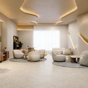 طاولة Ginza المستديرة مع ثلاثة مقاعد في ركن غير رسمي